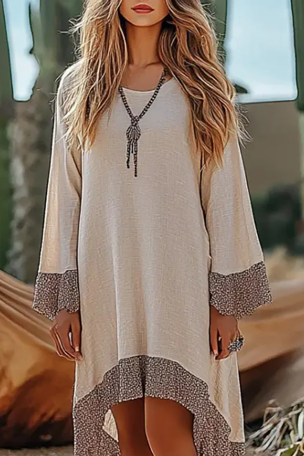 Bohemian Linen Dress Beige Trim Crew Neck Knee-Length Dress