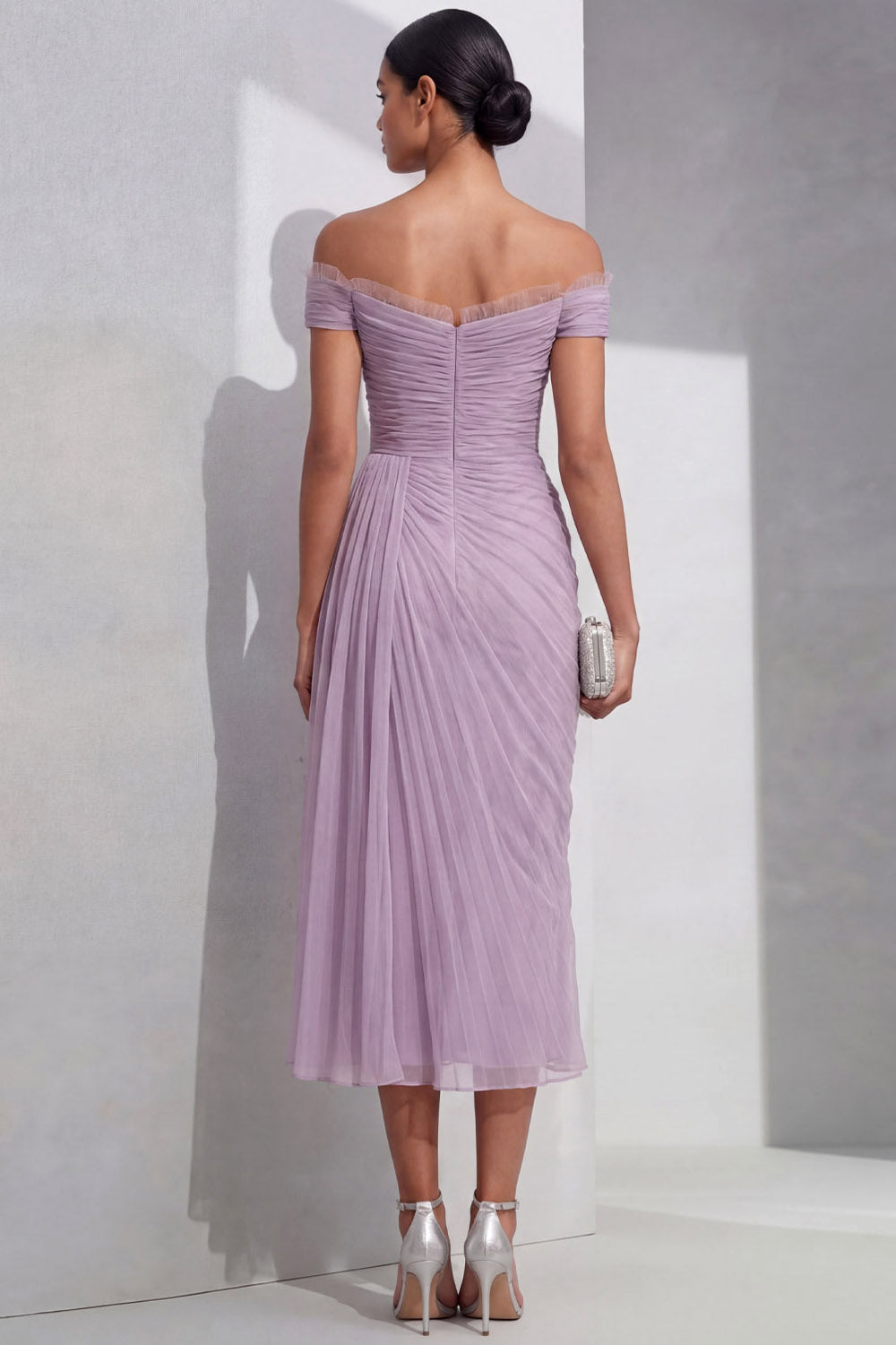 Lilac Formal Evening Dress Off the Shoulder Pleated Chiffon Midi Dress