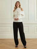 Long Sleeves Skinny Buttoned Pleated Ribbed Knit Cold Shoulder Knit Top