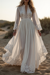 Boho Vacation Lace Dress White Deep V Maxi Dress