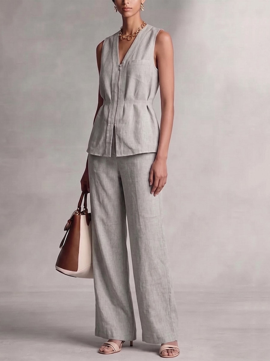 High Waisted Wide Leg Pockets Solid Color Pants Trousers