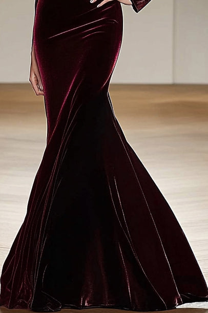 Formal Evening Dress Velvet Dark Red Asymmetrical Neck Mermaid Maxi Dress