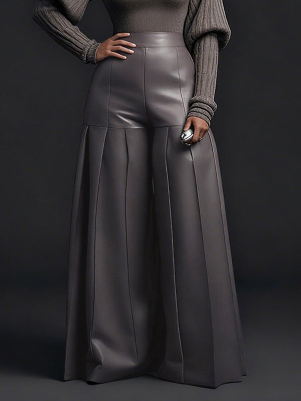 High Waisted Elasticity Pleated Pockets Solid Color Zipper Wide Leg Pants