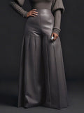 High Waisted Elasticity Pleated Pockets Solid Color Zipper Wide Leg Pants