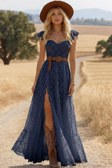 Boho Lace Dress Navy Short Sleeve High Slit Maxi Dress
