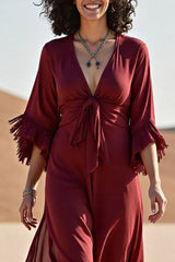 Bohemian Vacation Dress Deep Red V-Neck Maxi Dress