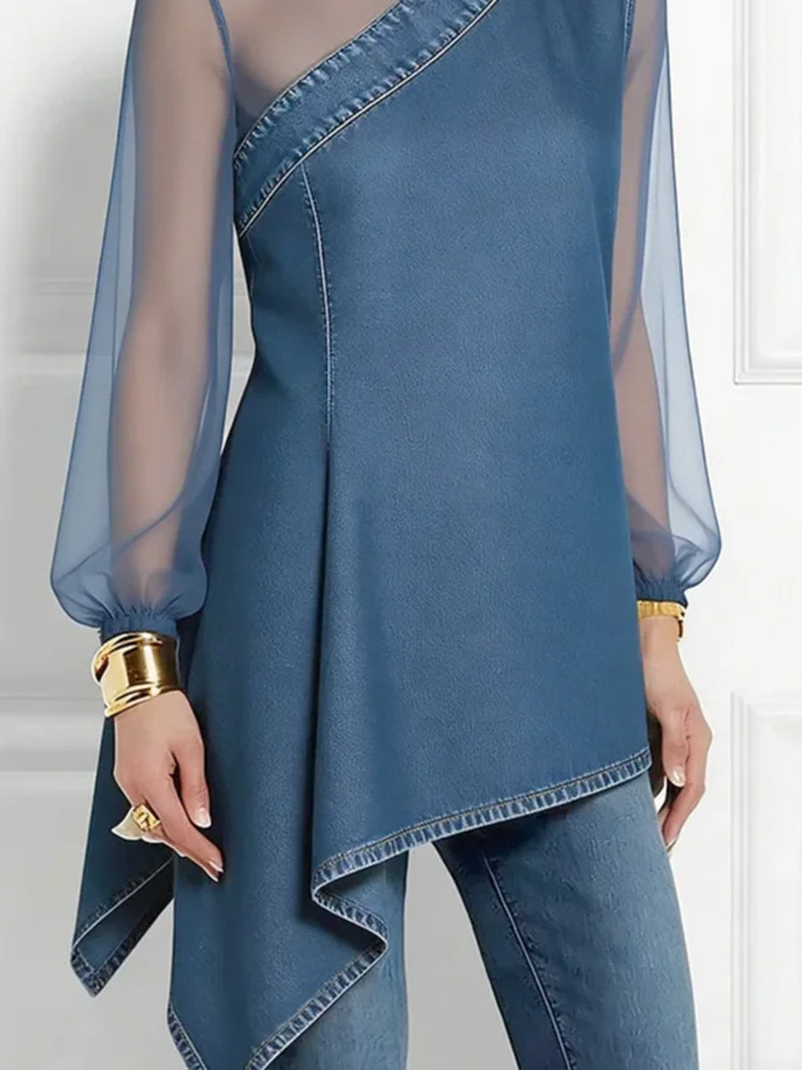 Long Sleeves Puff Sleeves Asymmetric Mesh Split-Joint Mock Neck Blouses&Shirts Tops