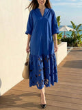 A-Line Long Sleeves Hollow Pleated Solid Color Split-Joint V-Neck Maxi Dresses