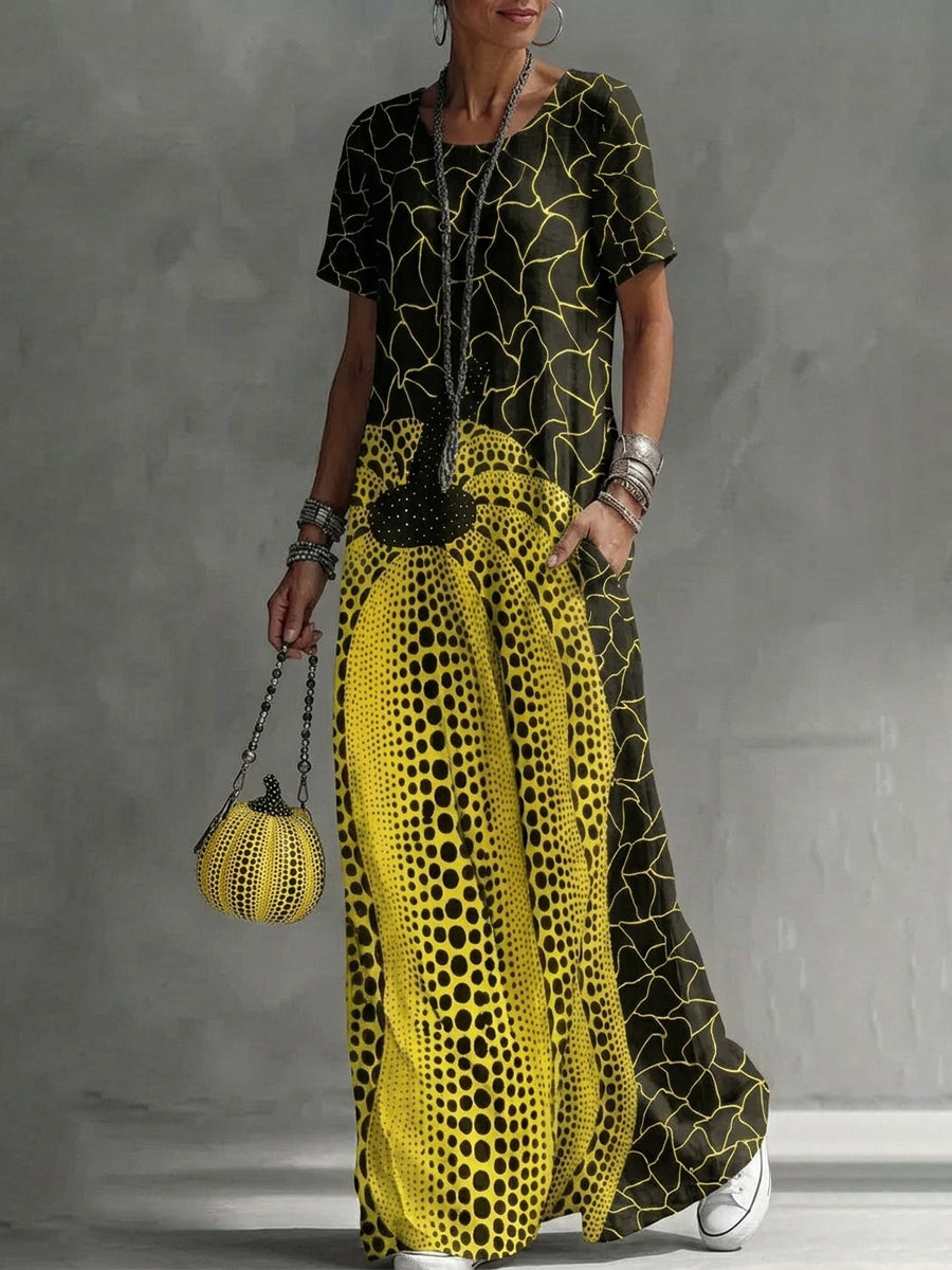 Loose Short Sleeves Contrast Color Pockets Printed Maxi Dresses