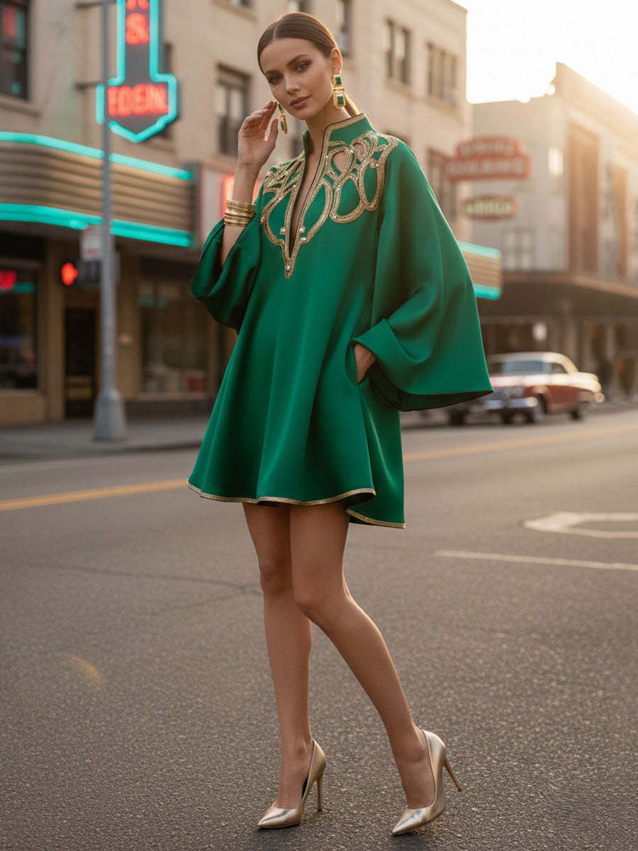 A-Line Long Sleeves Contrast Color Printed Split-Joint Stand Collar Mini Dresses