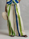 High Waisted Loose Contrast Color Pockets Striped Pants Trousers