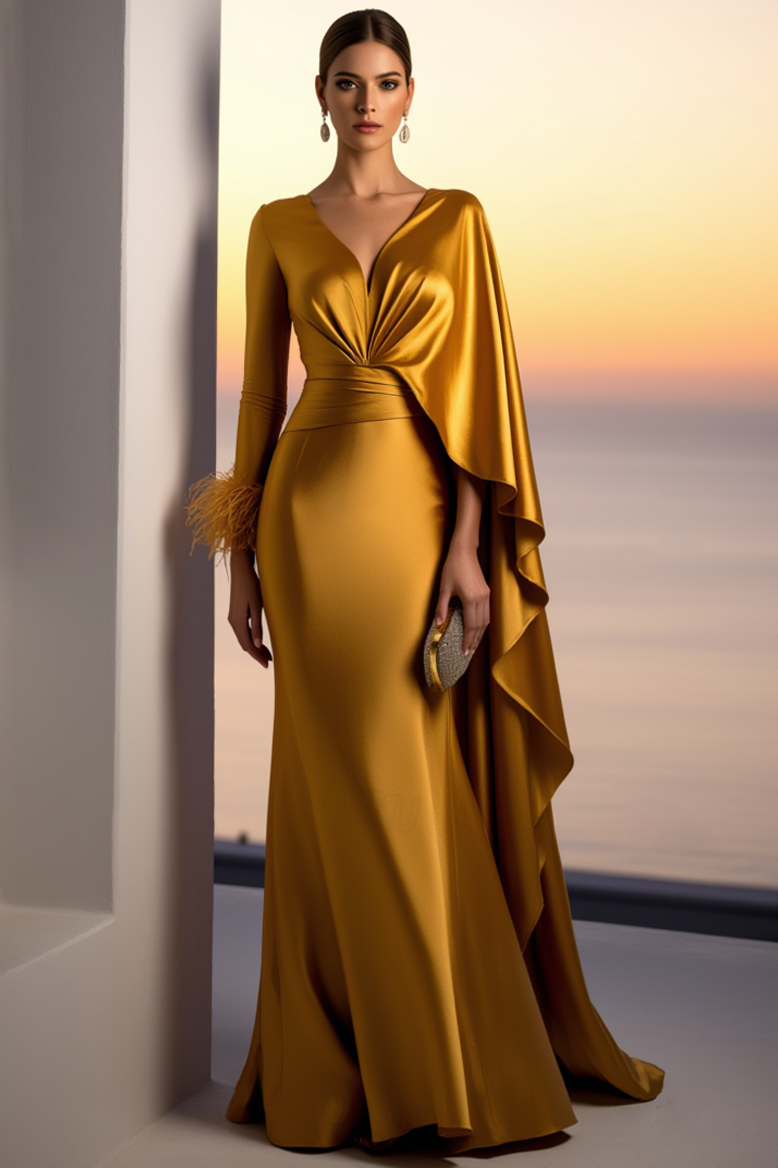 Evening Formal Gold Satin Dress V Neck Long Sleeve Cape Maxi Gown