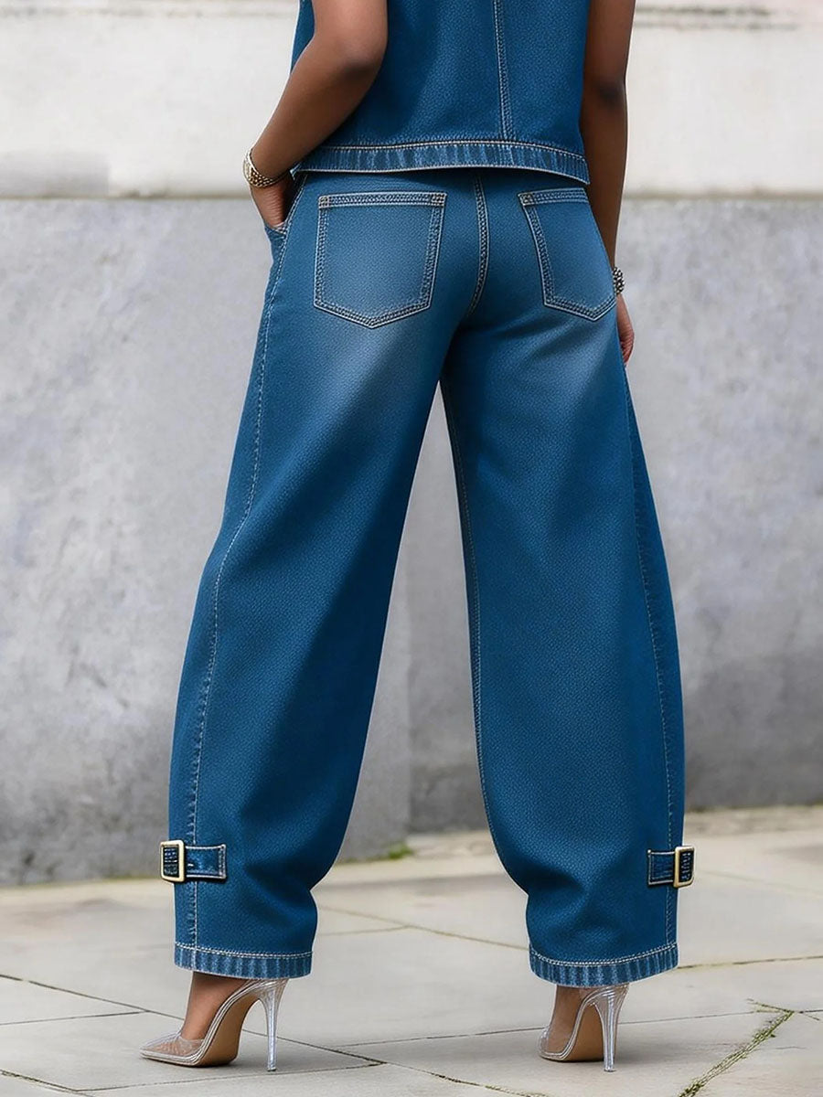 High Waisted Wide Leg Buckle Pockets Solid Color Jean Pants Bottoms