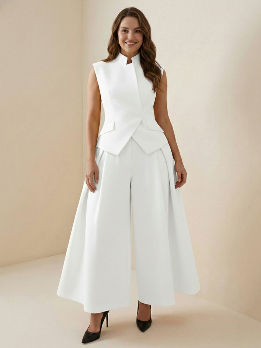 Elasticated Waist High Waisted Asymmetric Buttoned Solid Color Split-Joint Stand Collar Tank Top