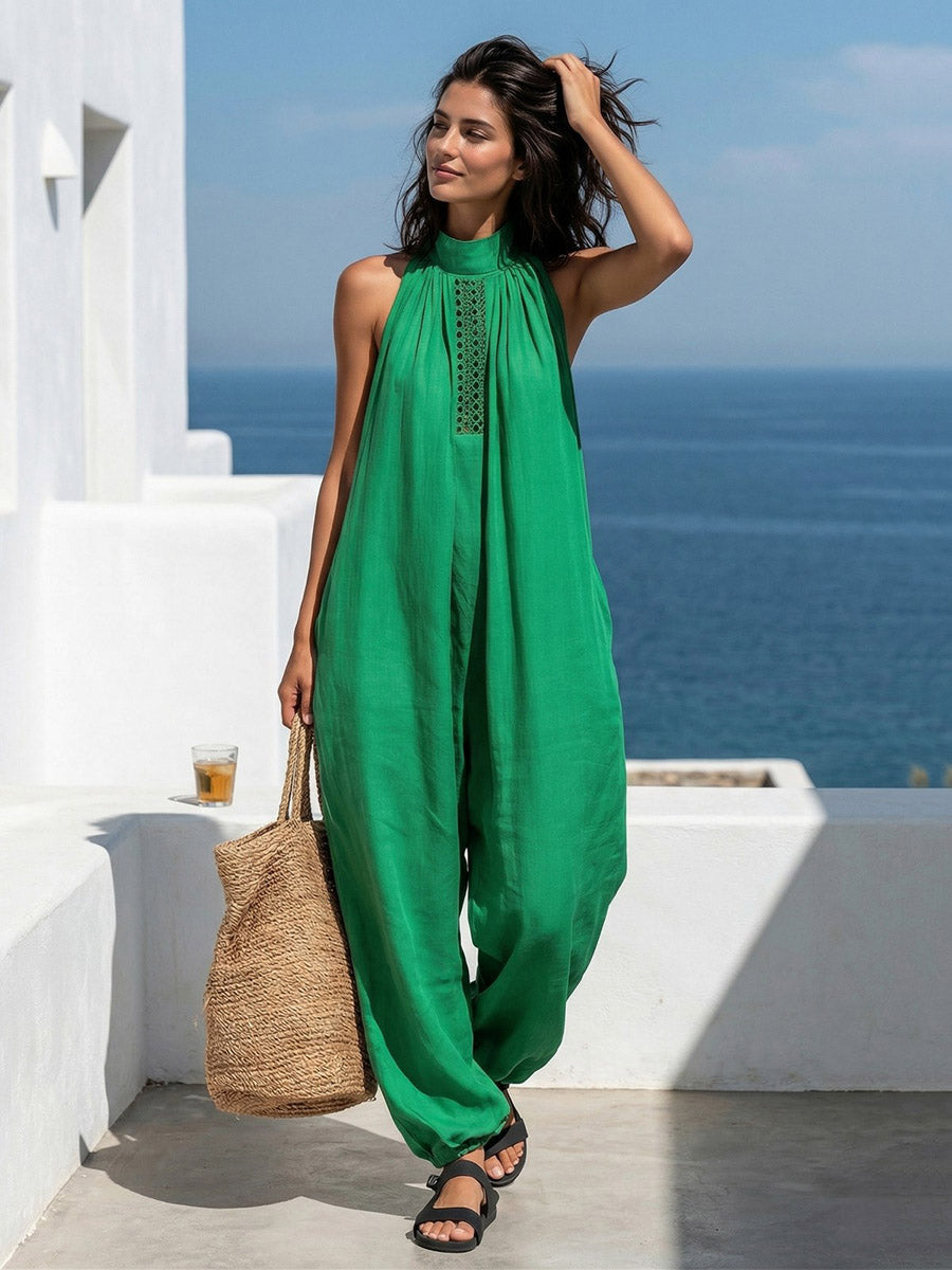 Loose Sleeveless Hollow Pockets Solid Color Mock Neck Jumpsuits