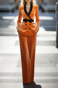 Work Formal Velvet Blazer Suit Orange Long Sleeve with Waist Bow & Pants