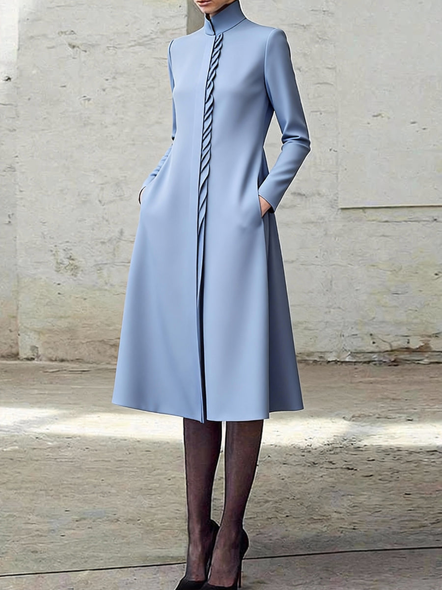 A-Line Bodycon Asymmetric Pleated Pockets Solid Color Split-Joint Stand Collar Midi Dresses