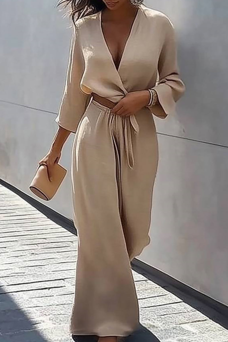 Daily Casual Linen Set Beige Cross Neck Tie Short Top Wide-Leg Pants Set