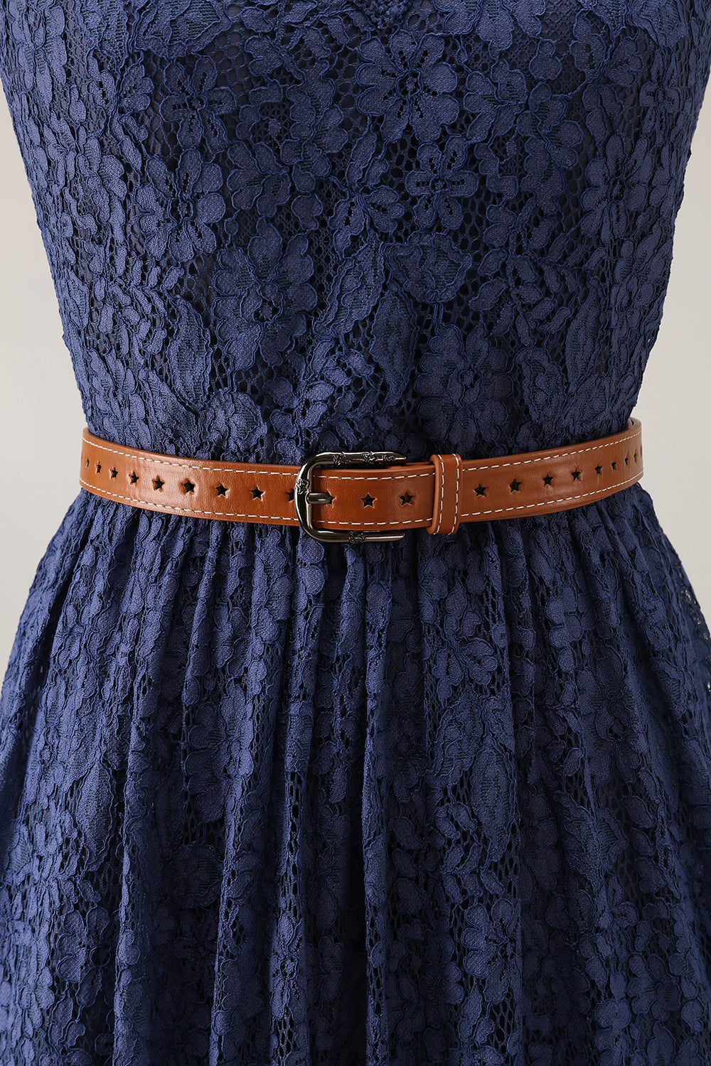 Boho Lace Dress Blue V Neck Sleeveless Belted High Slit Maxi Dress
