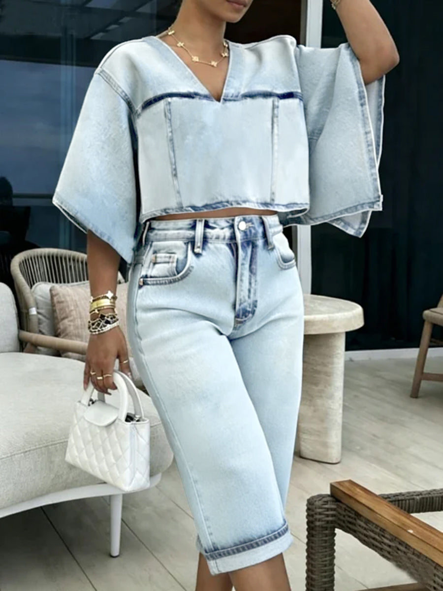 Batwing Sleeves Half Sleeves Contrast Color Split-Joint V-Neck Blouses&Shirts Tops