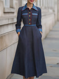 A-Line High Waisted Buttoned Pockets Solid Color Split-Joint Lapel Midi Dresses