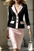 Work Skirt Set Black Long Sleeve Blazer Pink Skirt Set