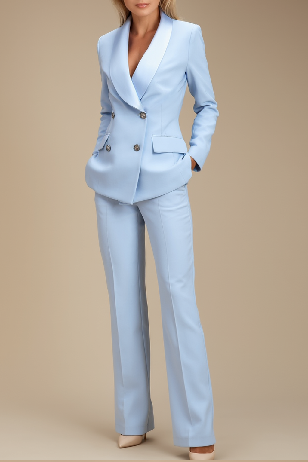 Work Formal Pants Suit Light Blue Pocketed Straight-Leg Blazer Set