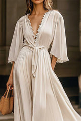 Beach Vacation Dress White Deep V Lace Trim Pocketed Midi Dress