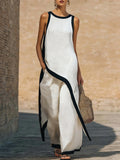 Loose Sleeveless Asymmetric Contrast Color Split-Side Round-Neck Blouses&Shirts Tops