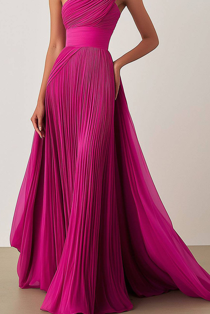 Prom Formal Pleated Dress Rose Color One-Shoulder Maxi Dress