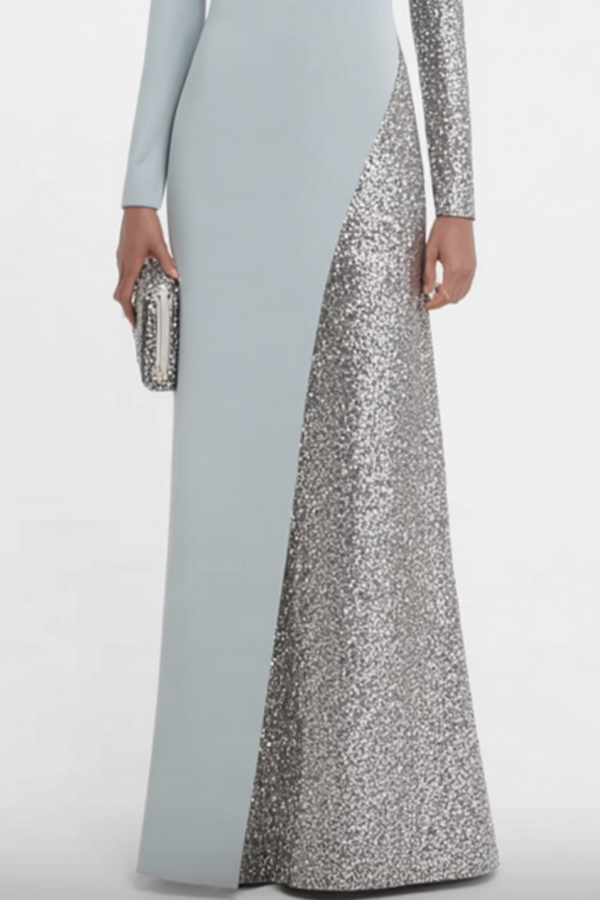Formal Dress Blue Crew Neck Sequin Maxi Mother of the Bride Dress