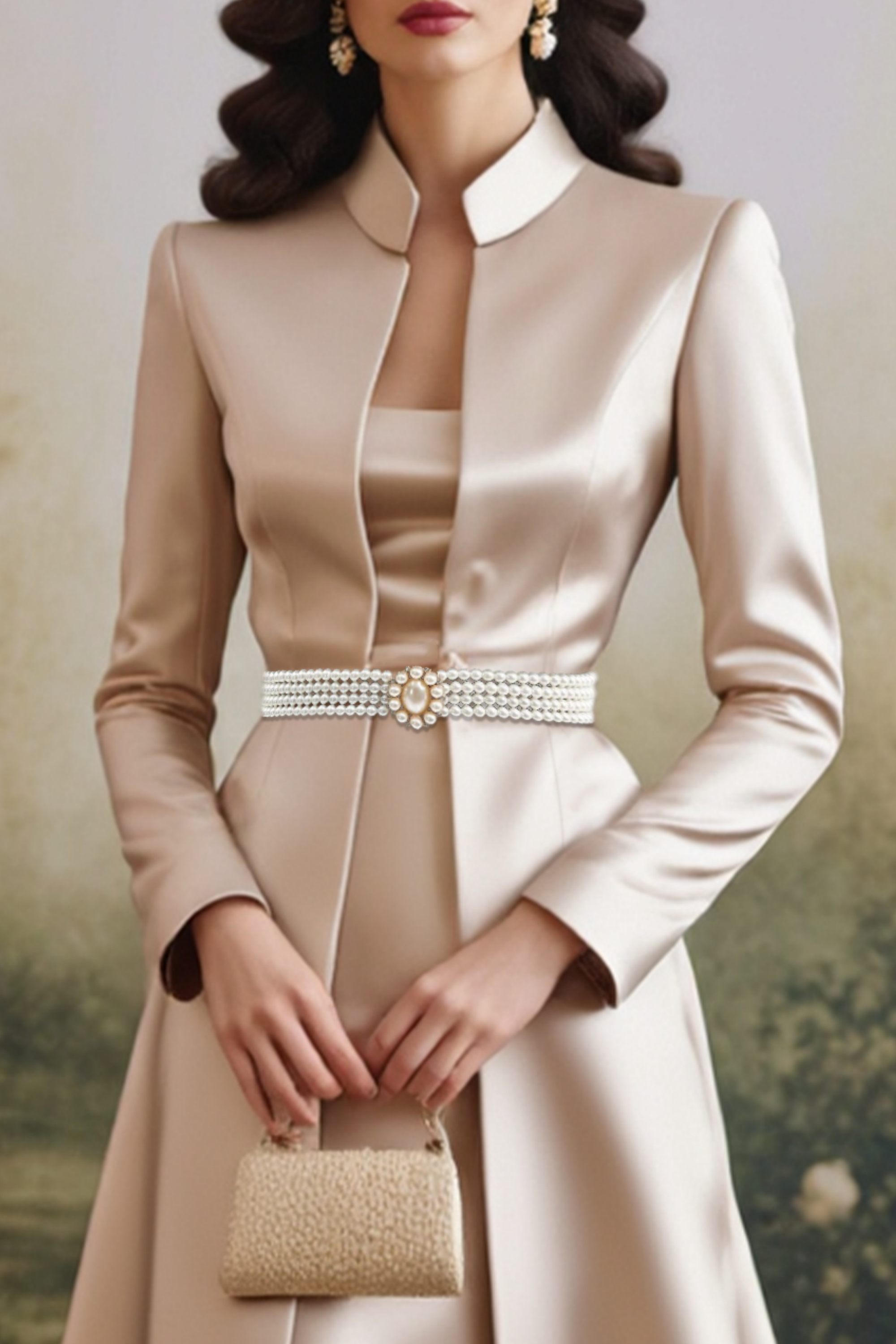 Champagne Formal Set Midi Dress & Maxi Coat with Pearl Belt