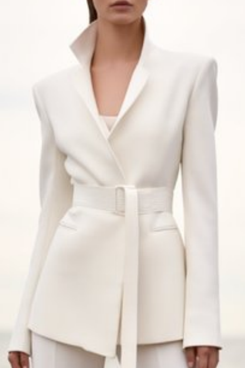 Business Formal Blazer Pant Suit White V Neck Long Sleeve Straight Pants