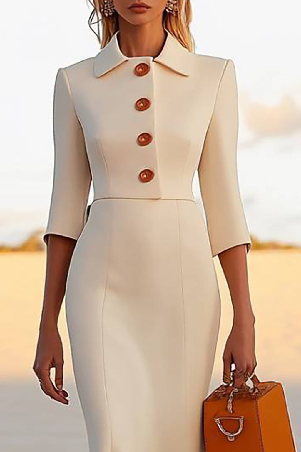 Work Semi-Formal Dress White Collared Mermaid Midi Dress