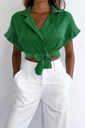 Casual Daily Top Green Linen Collared Short-Sleeve Crop Shirt