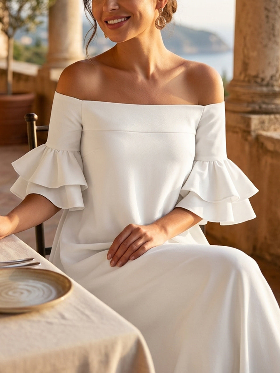 Half Sleeves Loose Solid Color Off-The-Shoulder Maxi Dresses