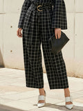 Elasticated Waist High Waisted Belted Contrast Color Split-Joint Pants