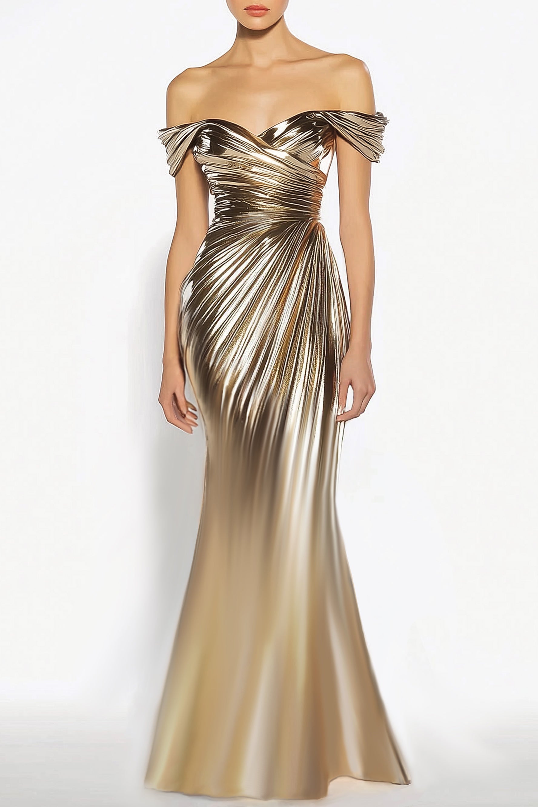 Party Evening Dress Gold Metallic One-Shoulder Pleated Maxi Dress