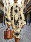 Long Sleeves Loose Contrast Color Printed Mock Neck Midi Dresses