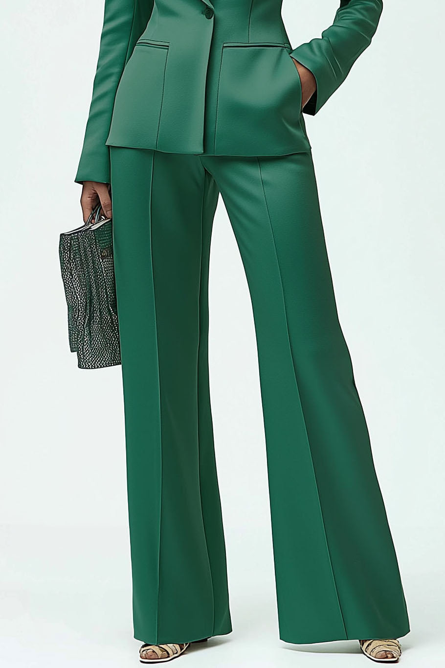 Work Formal Pants Suit Green Long Sleeve Pockets Blazer Set
