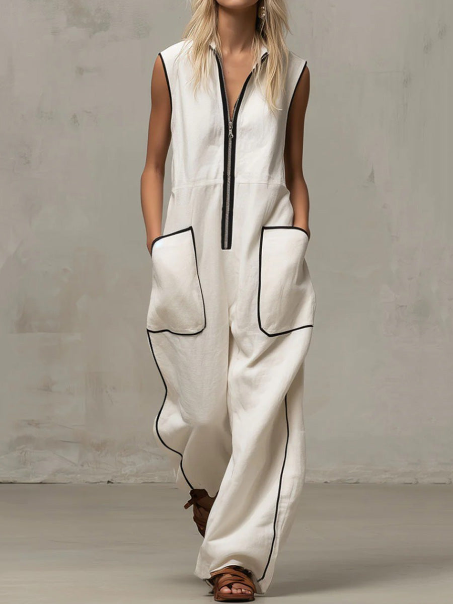 Loose Sleeveless Contrast Color Line Pockets Split-Joint Zipper Stand Collar Jumpsuits