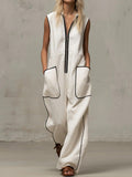 Loose Sleeveless Contrast Color Line Pockets Split-Joint Zipper Stand Collar Jumpsuits