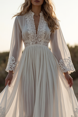 Boho Vacation Lace Dress White Deep V Maxi Dress