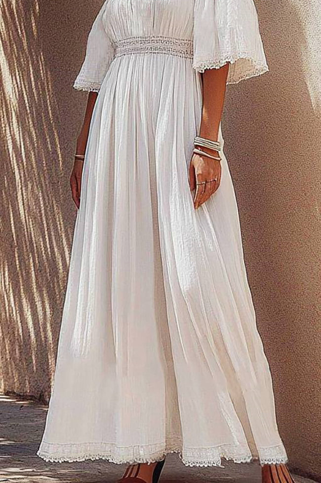 Vacation Casual Linen Dress White Off The Shoulder Embroidered Maxi Dress