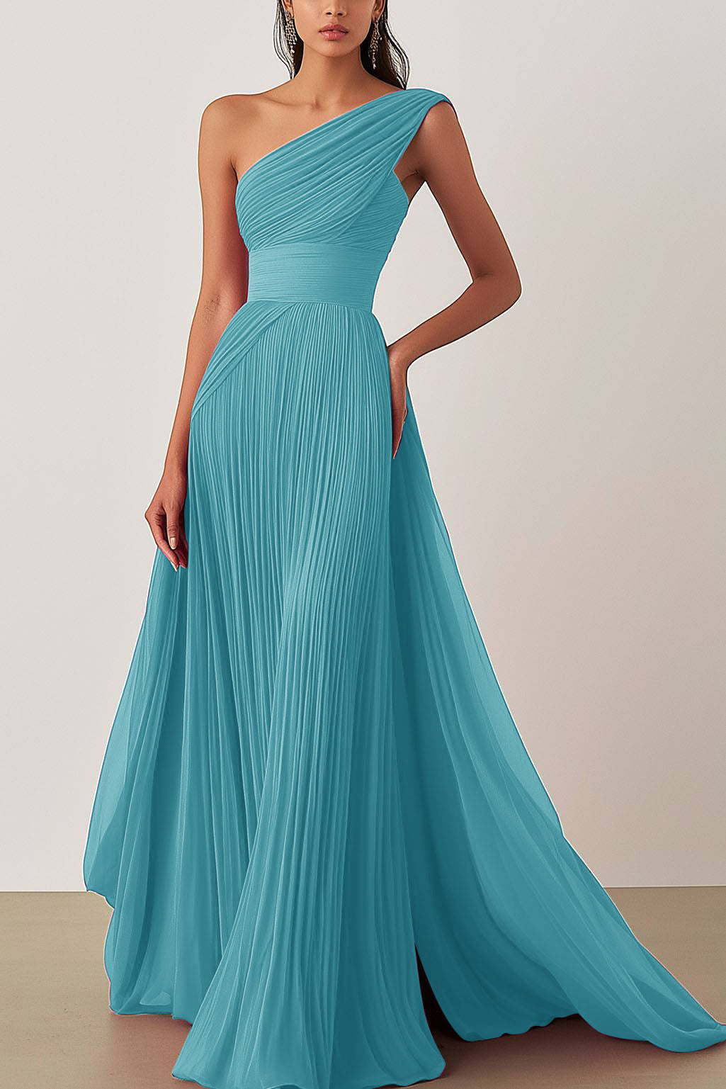 Prom Formal Pleated Dress Rose Color One-Shoulder Maxi Dress