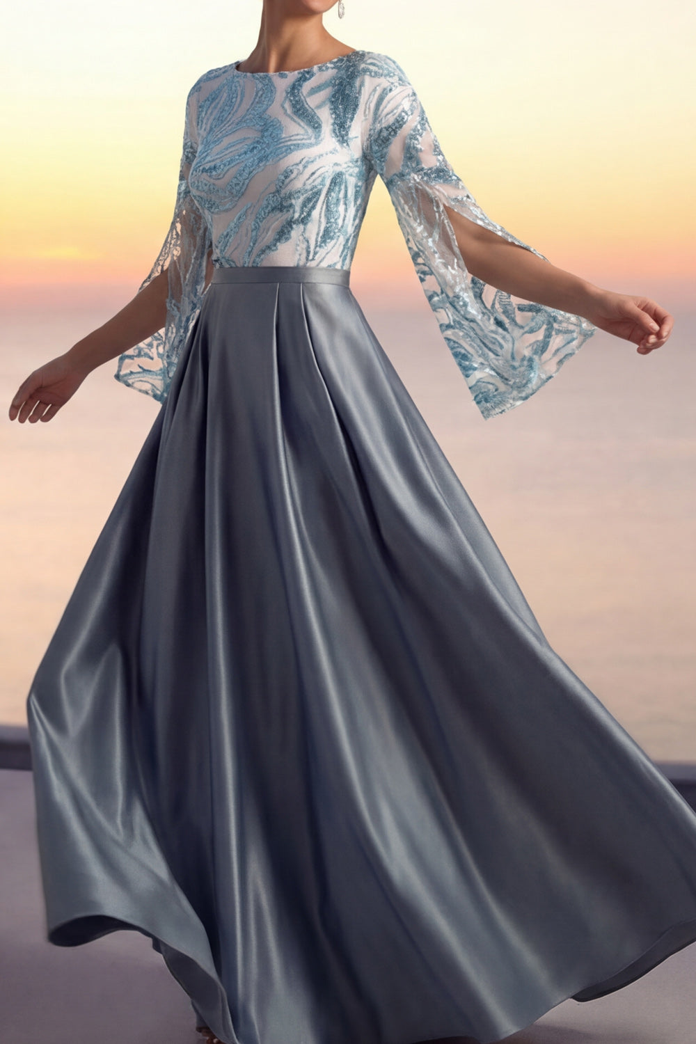 Dusty Blue Wedding Guest Dress A-Line Crew Neck Sequin Maxi Dress
