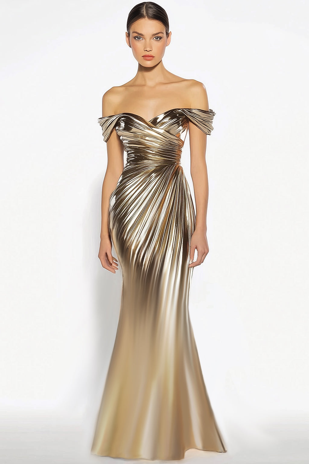 Party Evening Dress Gold Metallic One-Shoulder Pleated Maxi Dress
