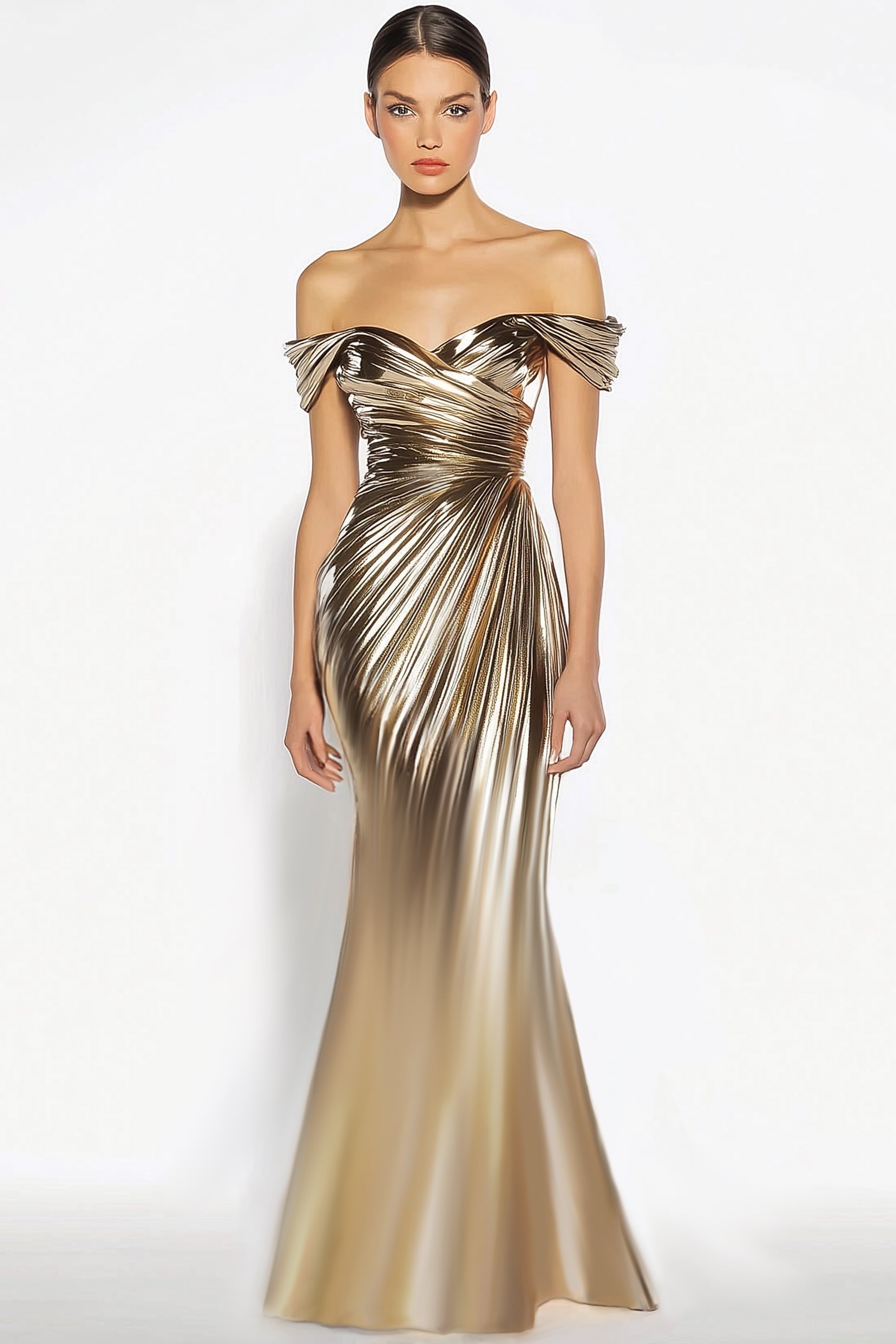 Party Evening Dress Gold Metallic One-Shoulder Pleated Maxi Dress
