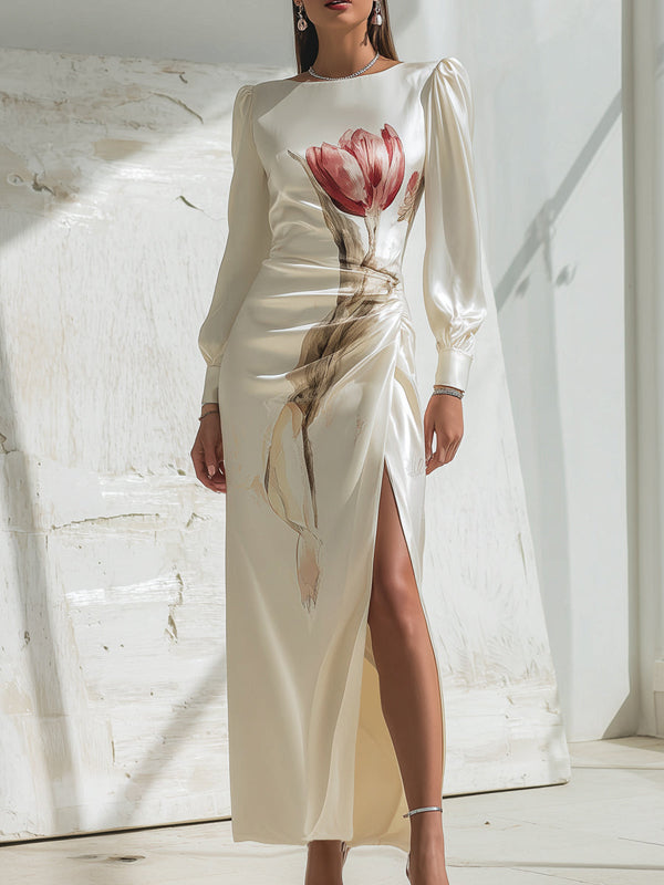 Long Sleeves Flower Print Pleated Split-Side Round-Neck Maxi Dresses