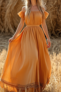 Bohemian Swing Dress Orange Off The Shoulder Short Sleeve Maxi Dress